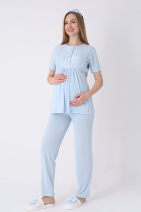 Lacy 3-Piece Maternity-Nursing Pajama & Textured Robe Set Blue - 3463