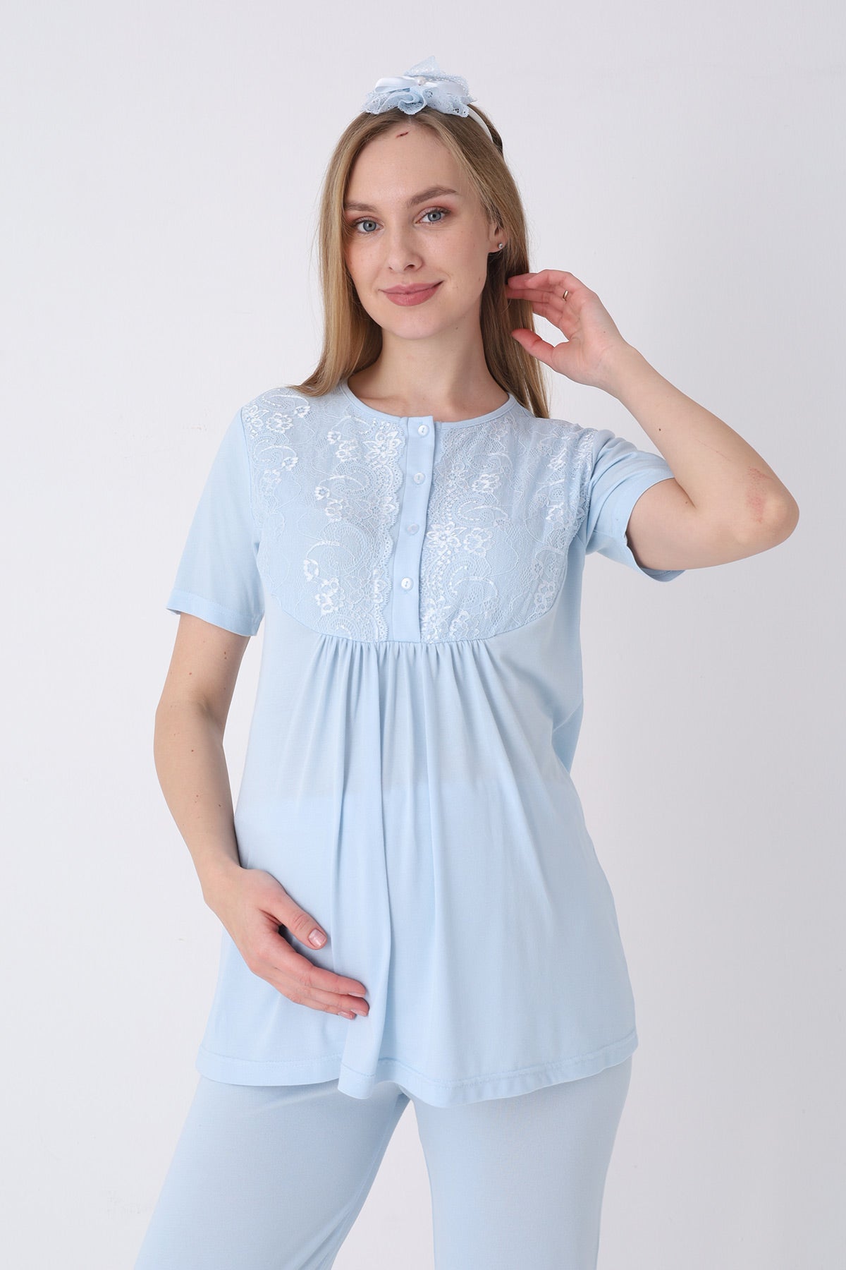 Lacy 3-Piece Maternity-Nursing Pajama & Textured Robe Set Blue - 3463