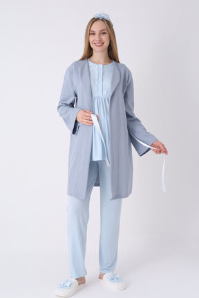 Lacy 3-Piece Maternity-Nursing Pajama & Textured Robe Set Blue - 3463