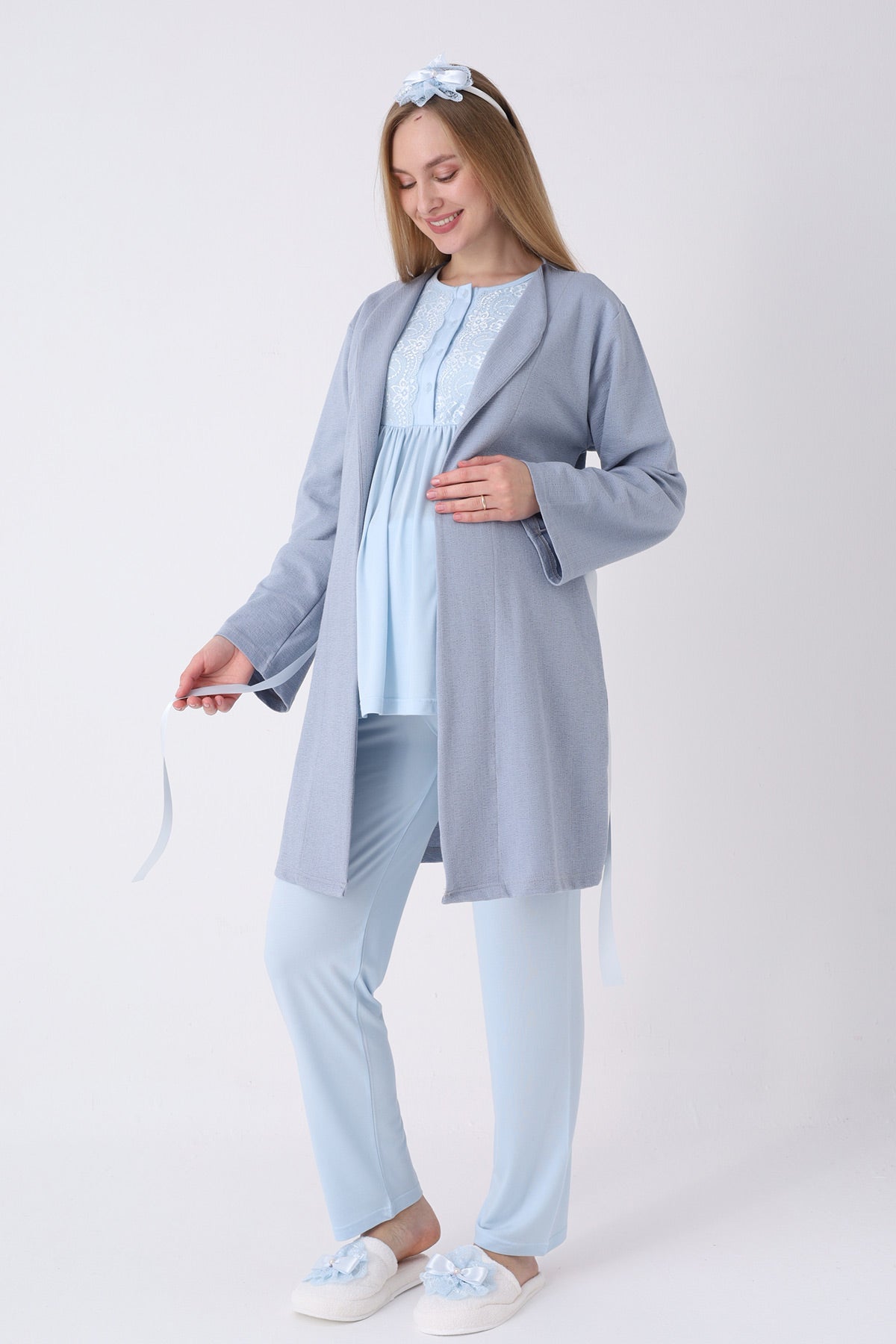 Lacy 3-Piece Maternity-Nursing Pajama & Textured Robe Set Blue - 3463