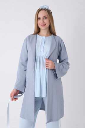 Lacy 3-Piece Maternity-Nursing Pajama & Textured Robe Set Blue - 3463