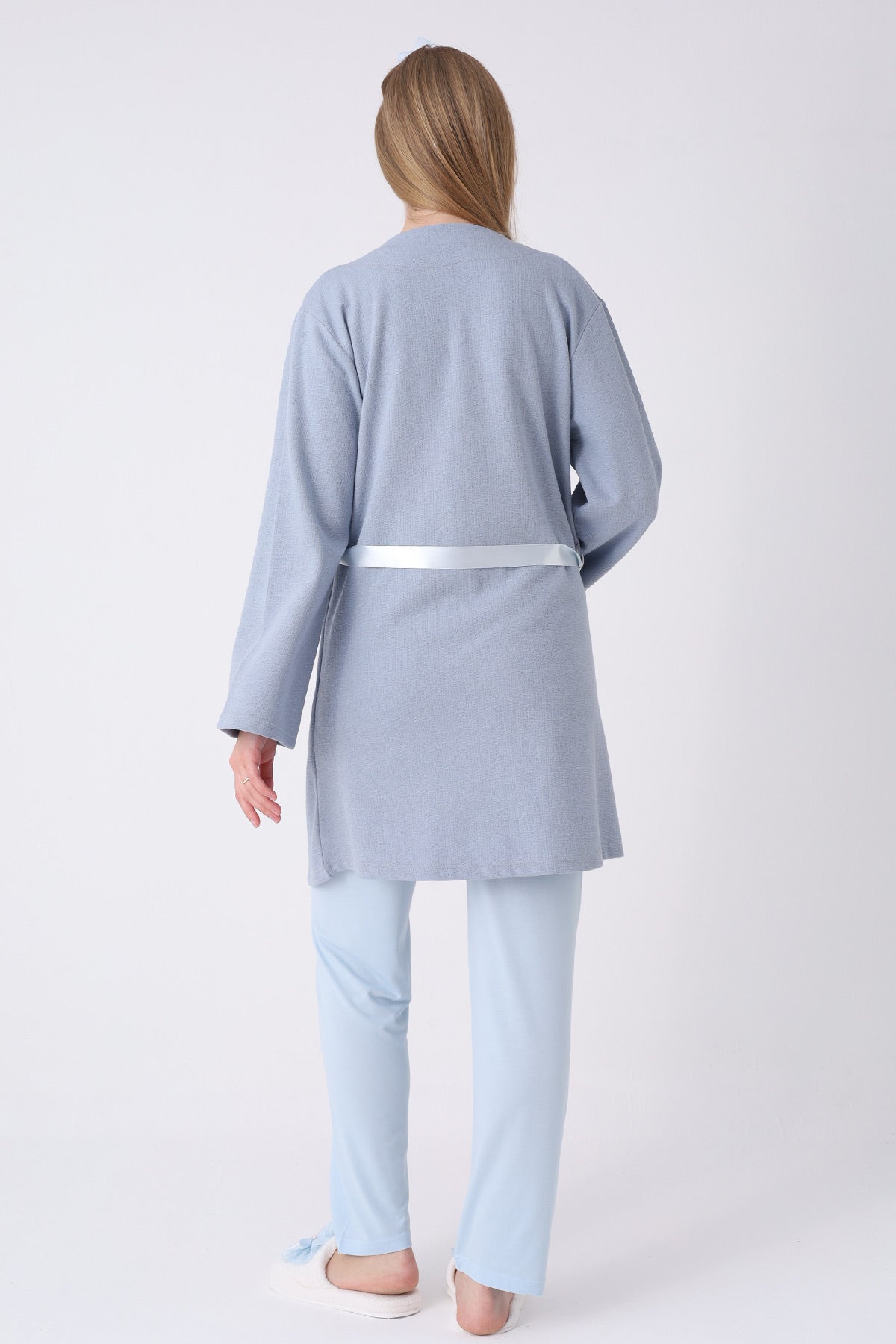 Lacy 3-Piece Maternity-Nursing Pajama & Textured Robe Set Blue - 3463