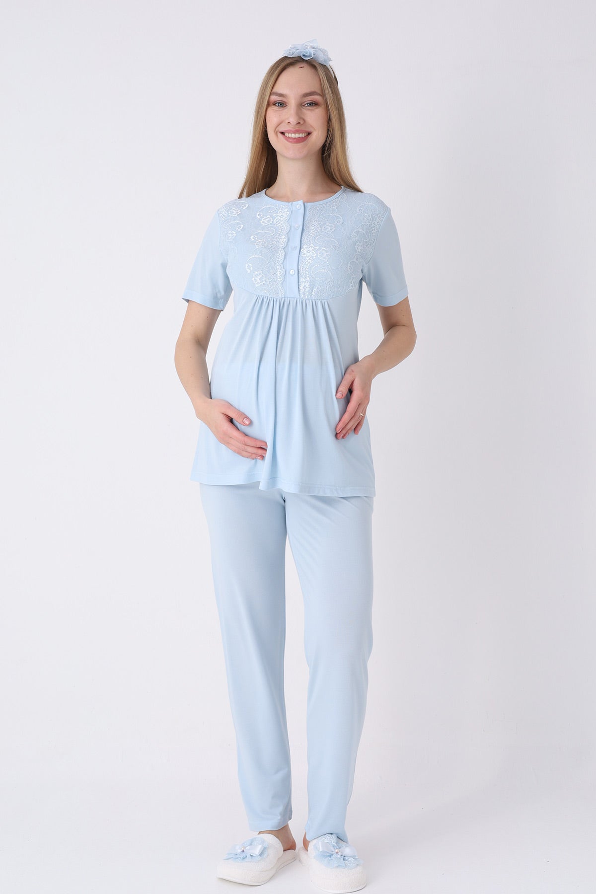 Lacy 3-Piece Maternity-Nursing Pajama & Textured Robe Set Blue - 3463