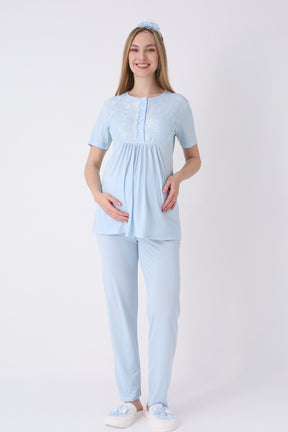 Lacy 3-Piece Maternity-Nursing Pajama & Textured Robe Set Blue - 3463