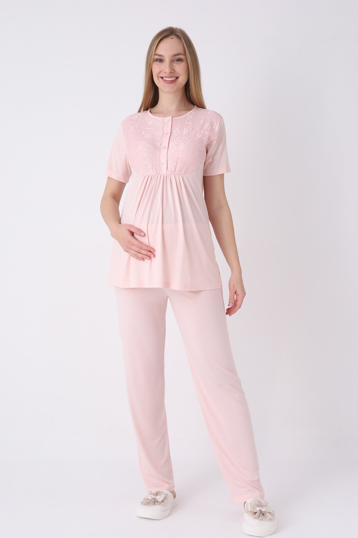 Lacy 3-Piece Maternity-Nursing Pajama & Textured Robe Set Salmon - 3463