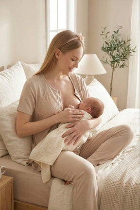 Guipure Collar 3-Piece Maternity-Nursing Pajama & Patterned Robe Set Mink - 3465
