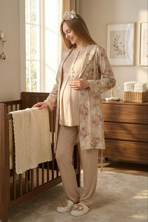 Guipure Collar 3-Piece Maternity-Nursing Pajama & Patterned Robe Set Mink - 3465