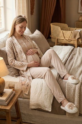 Guipure Collar 3-Piece Maternity-Nursing Pajama & Patterned Robe Set Mink - 3465