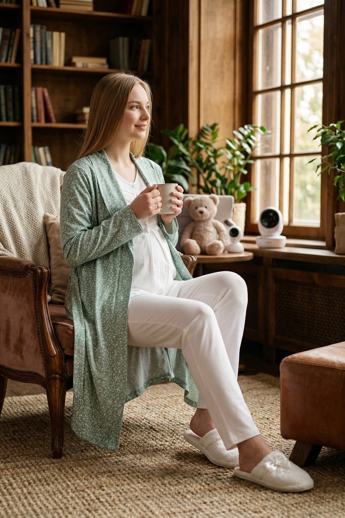 Guipure 3-Piece Maternity-Nursing Pajama & Patterned Robe Set Ecru/Green - 3466