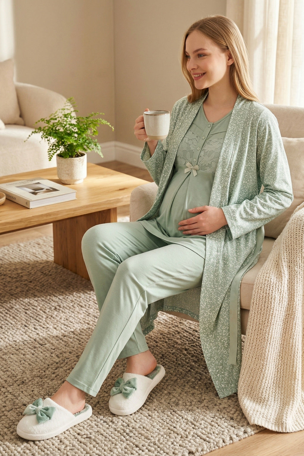Guipure 3-Piece Maternity-Nursing Pajama & Patterned Robe Set Green - 3466