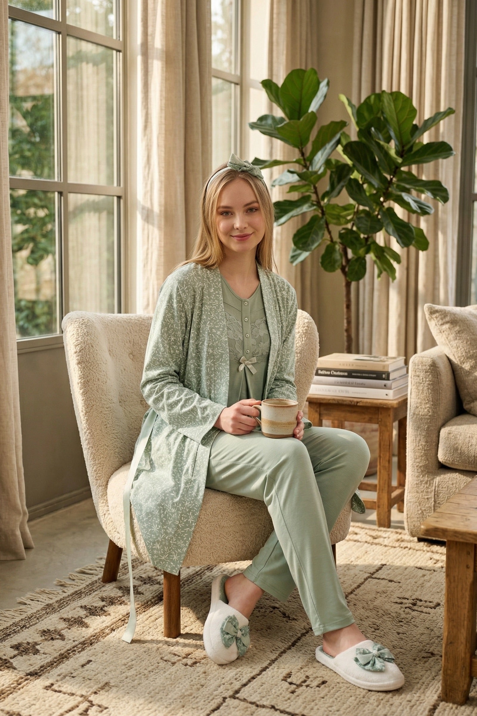Guipure 3-Piece Maternity-Nursing Pajama & Patterned Robe Set Green - 3466