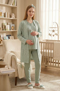 Guipure 3-Piece Maternity-Nursing Pajama & Patterned Robe Set Green - 3466