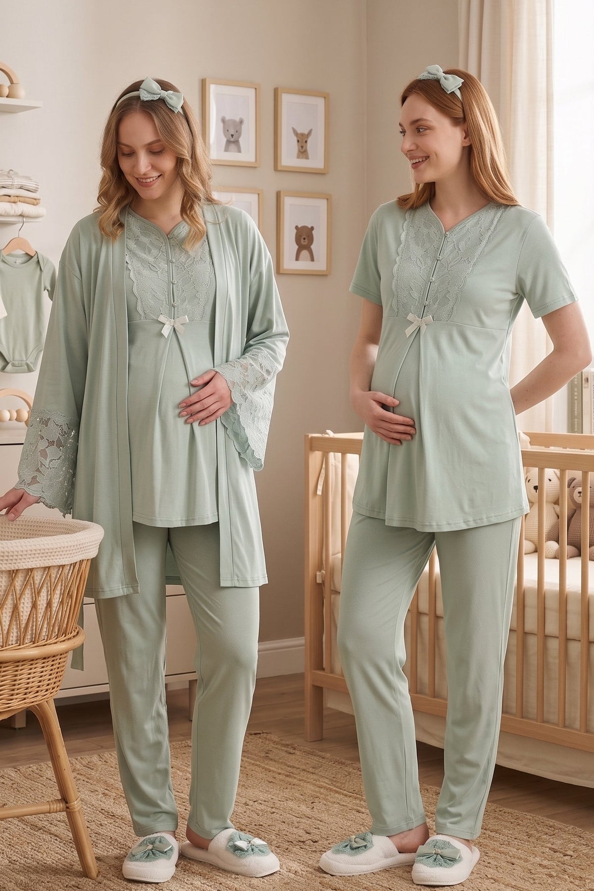 Flower Lace Collar 3-Piece Maternity-Nursing Pajama & Flower Lace Sleeve Robe Set Green - 3468