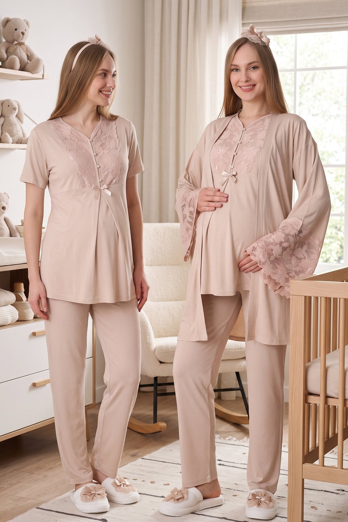 Flower Lace Collar 3-Piece Maternity-Nursing Pajama & Flower Lace Sleeve Robe Set Mink - 3468