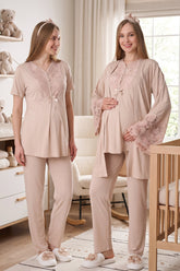 Flower Lace Collar 3-Piece Maternity-Nursing Pajama & Flower Lace Sleeve Robe Set Mink - 3468