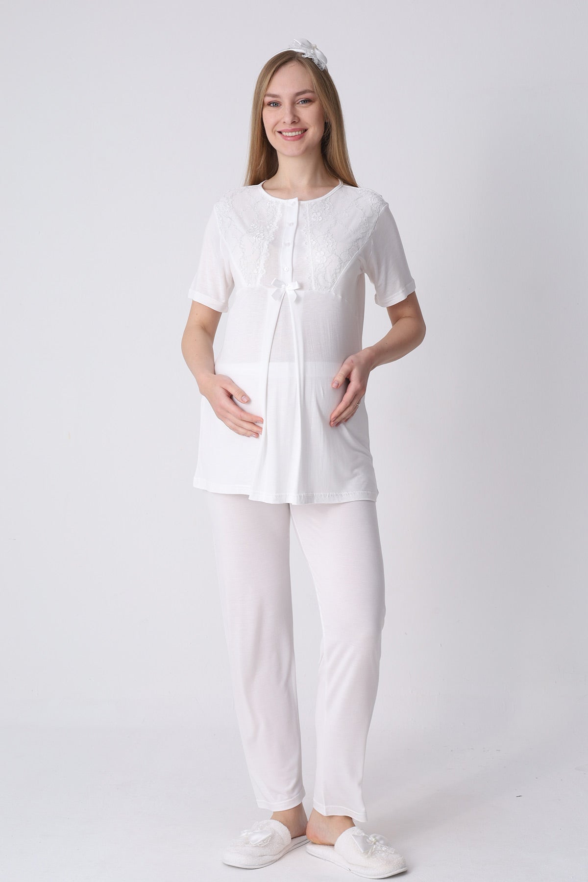 Lace Detailed 3-Piece Maternity-Nursing Pajama & Polka Dot Robe Set Ecru/Grey - 3469