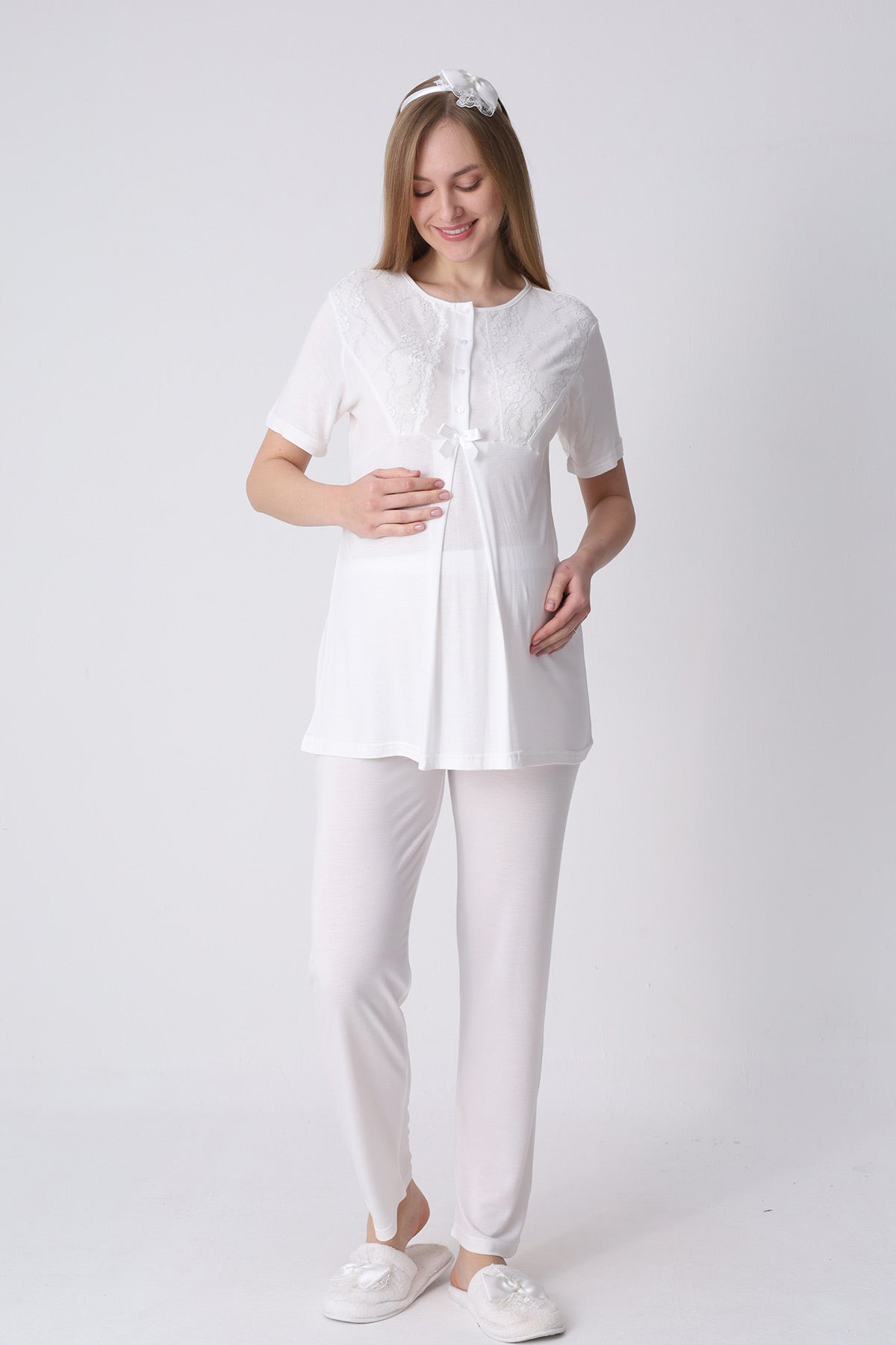 Lace Detailed 3-Piece Maternity-Nursing Pajama & Polka Dot Robe Set Ecru/Navy Blue - 3469