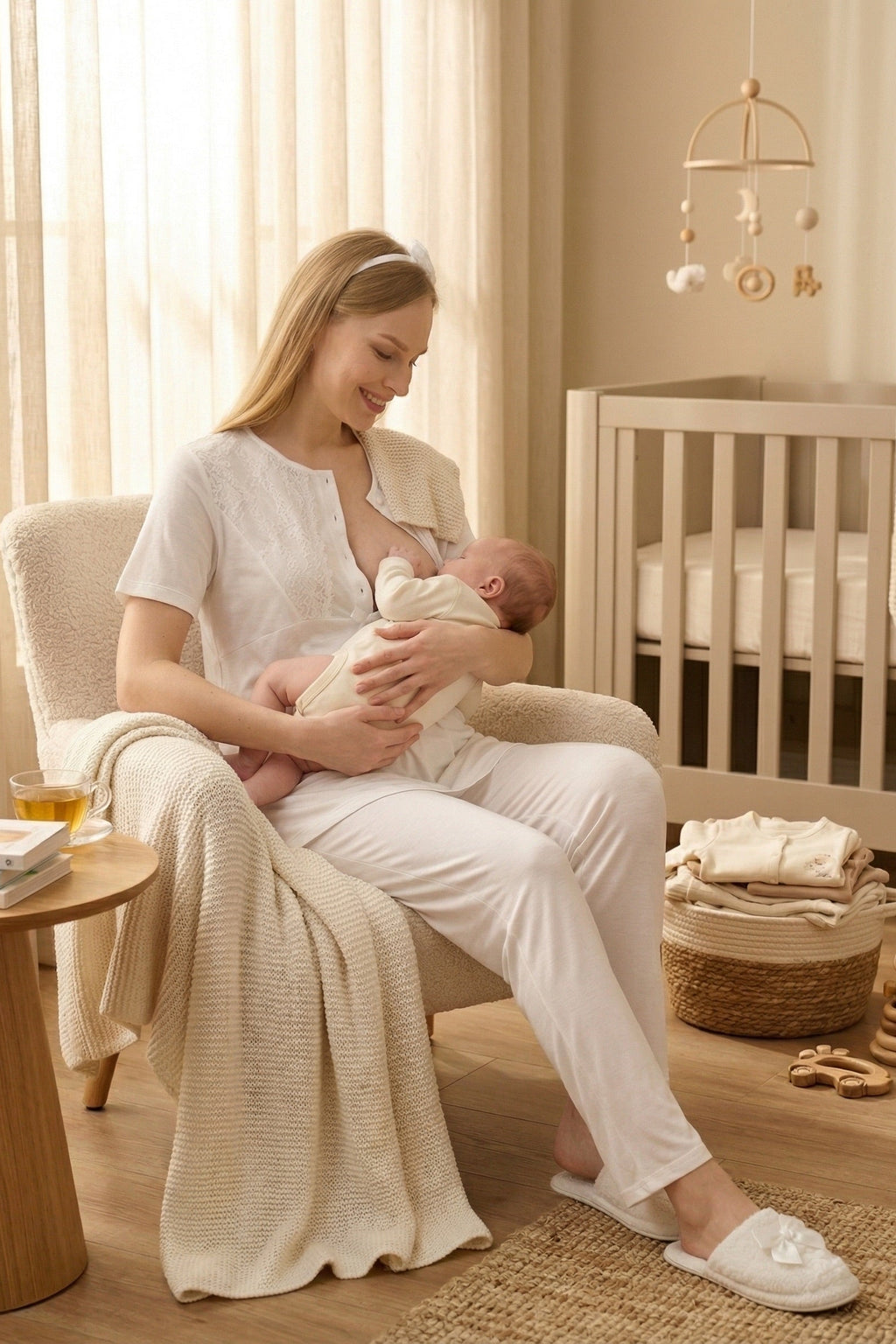 Lace Detailed 3-Piece Maternity-Nursing Pajama & Polka Dot Robe Set Ecru/Grey - 3469