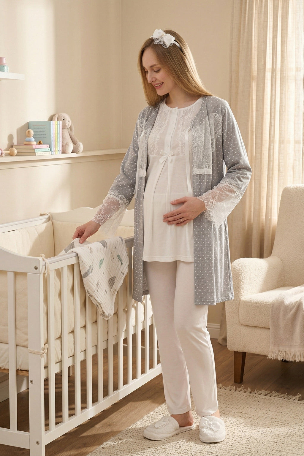 Lace Detailed 3-Piece Maternity-Nursing Pajama & Polka Dot Robe Set Ecru/Grey - 3469