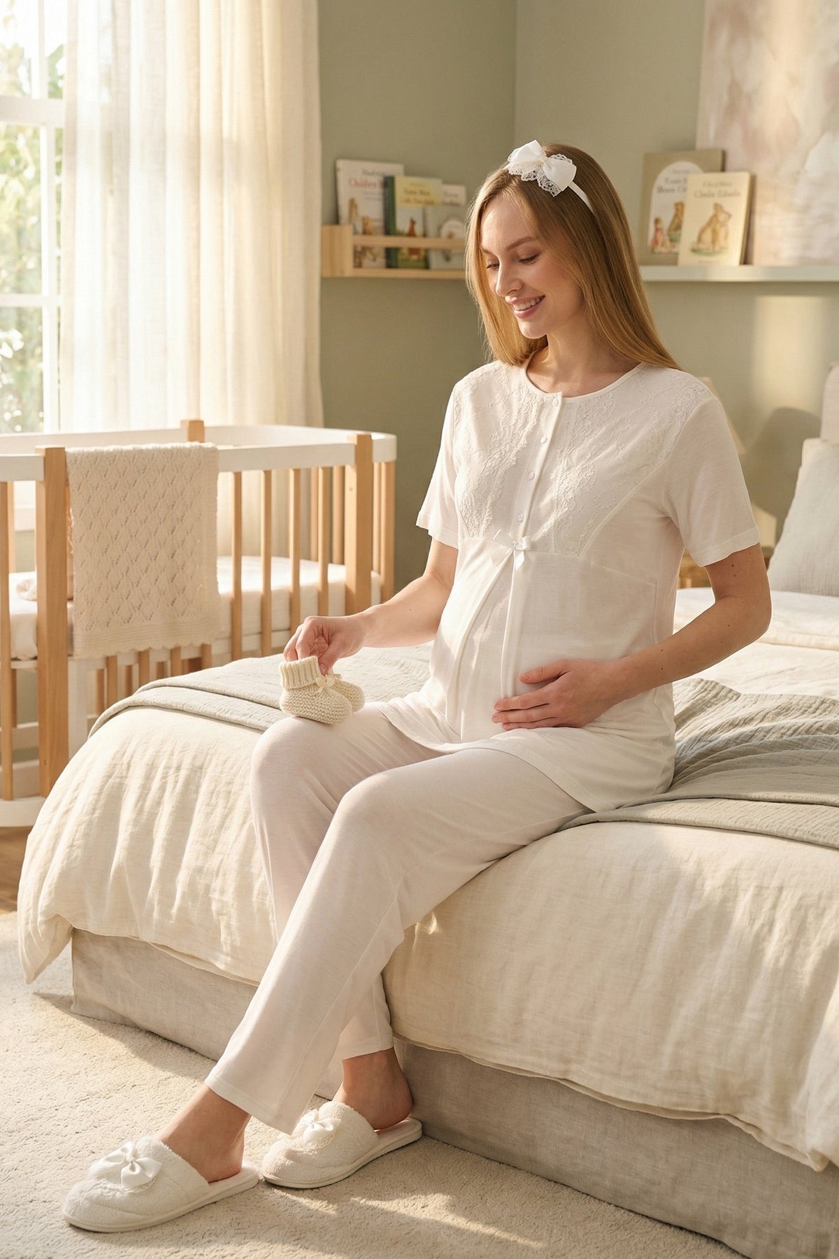 Lace Detailed 3-Piece Maternity-Nursing Pajama & Polka Dot Robe Set Ecru/Navy Blue - 3469
