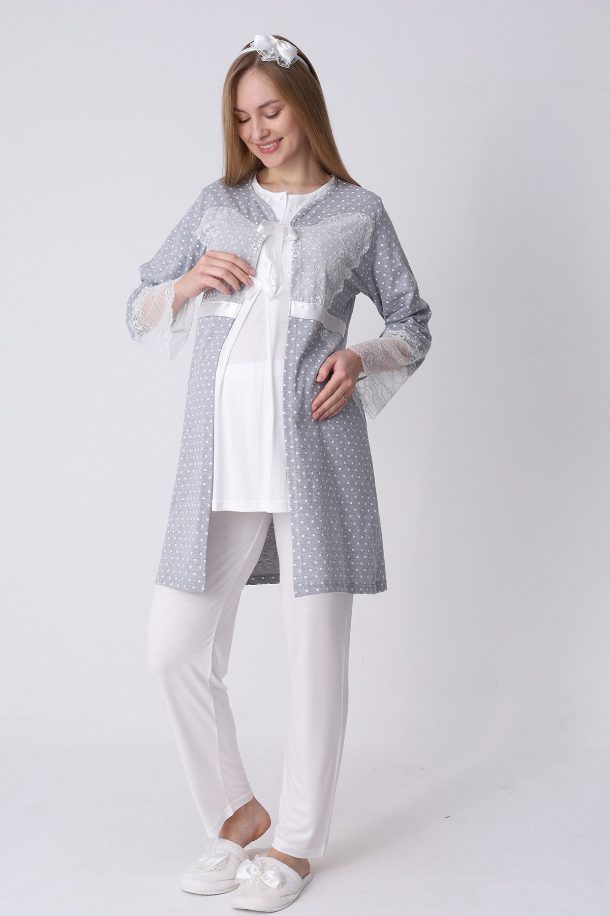 Lace Detailed 3-Piece Maternity-Nursing Pajama & Polka Dot Robe Set Ecru/Grey - 3469
