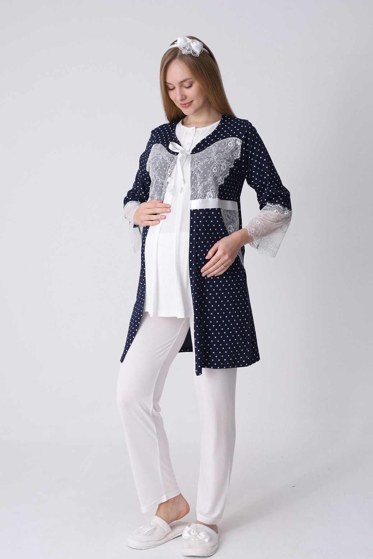 Lace Detailed 3-Piece Maternity-Nursing Pajama & Polka Dot Robe Set Ecru/Navy Blue - 3469