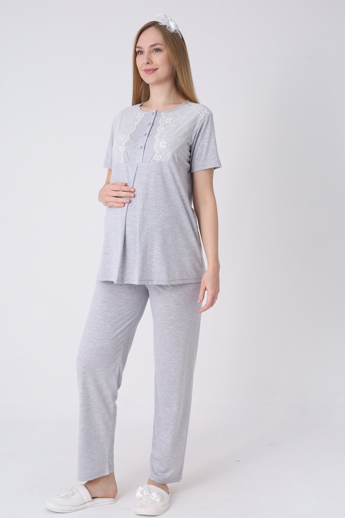 Lace Detailed 3-Piece Maternity-Nursing Pajama & Polka Dot Robe Set Grey - 3469