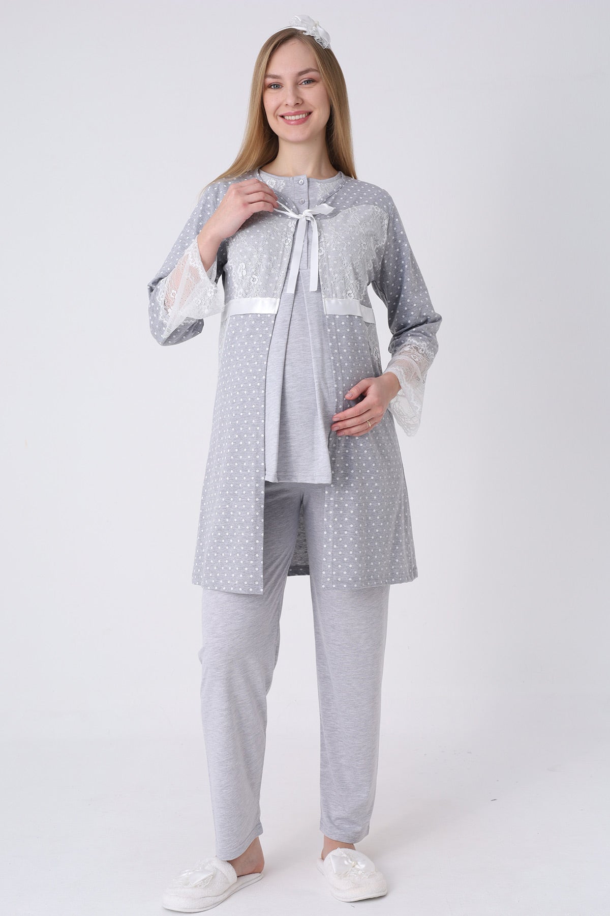 Lace Detailed 3-Piece Maternity-Nursing Pajama & Polka Dot Robe Set Grey - 3469