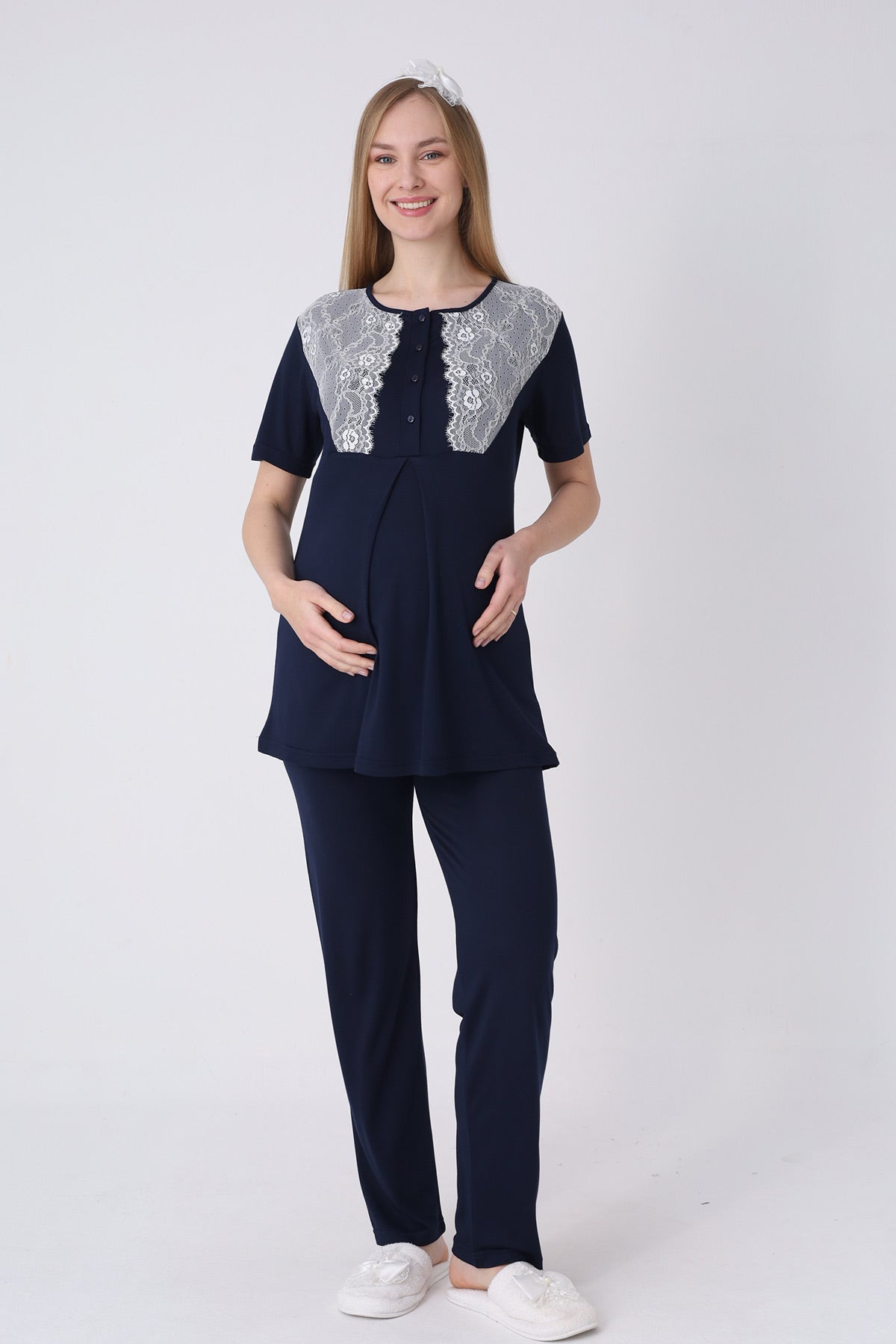 Lace Detailed 3-Piece Maternity-Nursing Pajama & Polka Dot Robe Set Navy Blue - 3469