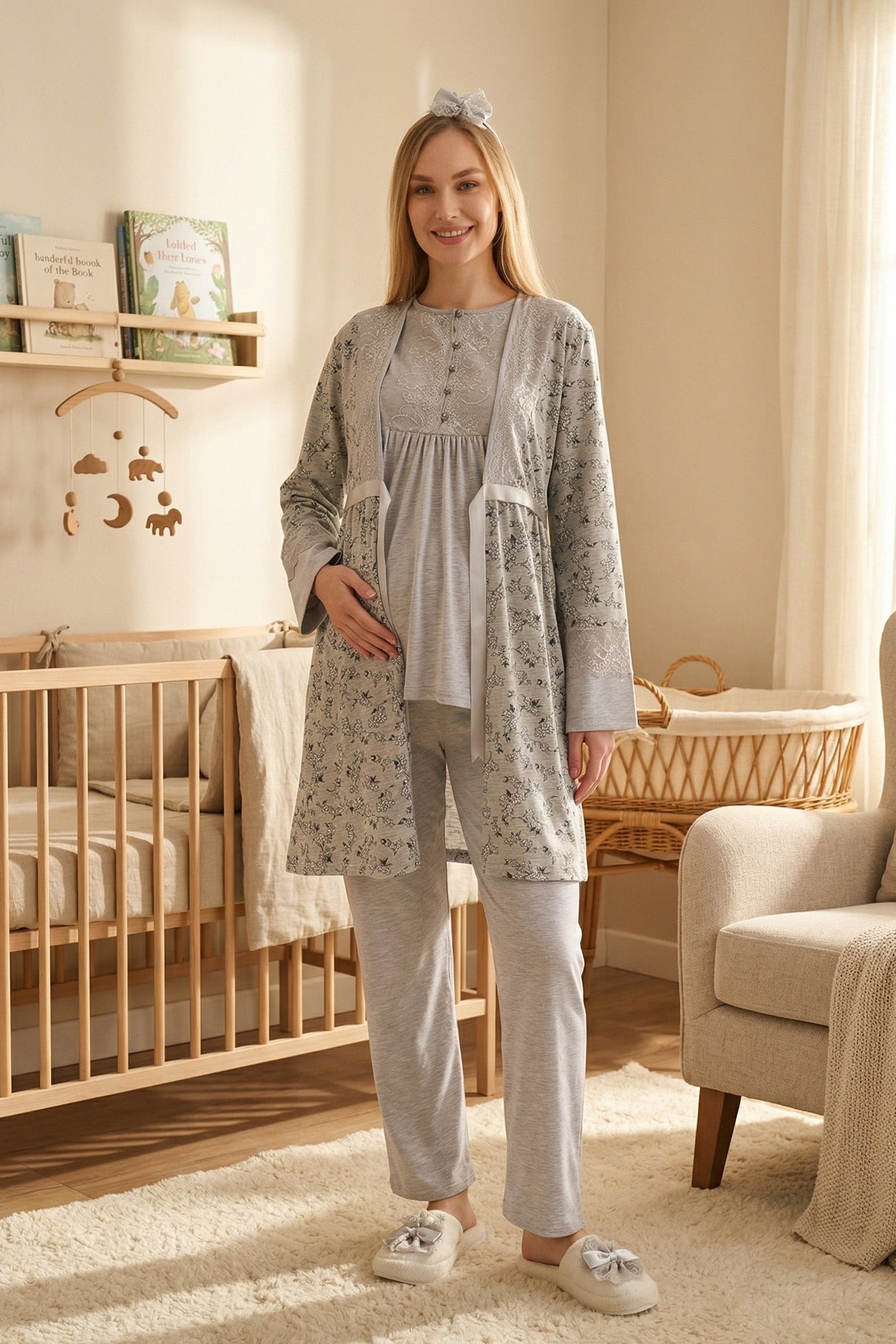 Lace Detailed 3-Piece Maternity-Nursing Pajama & Floral Patterned Robe Set Grey - 3470