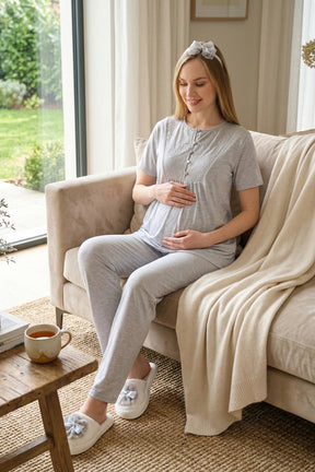 Lace Detailed 3-Piece Maternity-Nursing Pajama & Floral Patterned Robe Set Grey - 3470