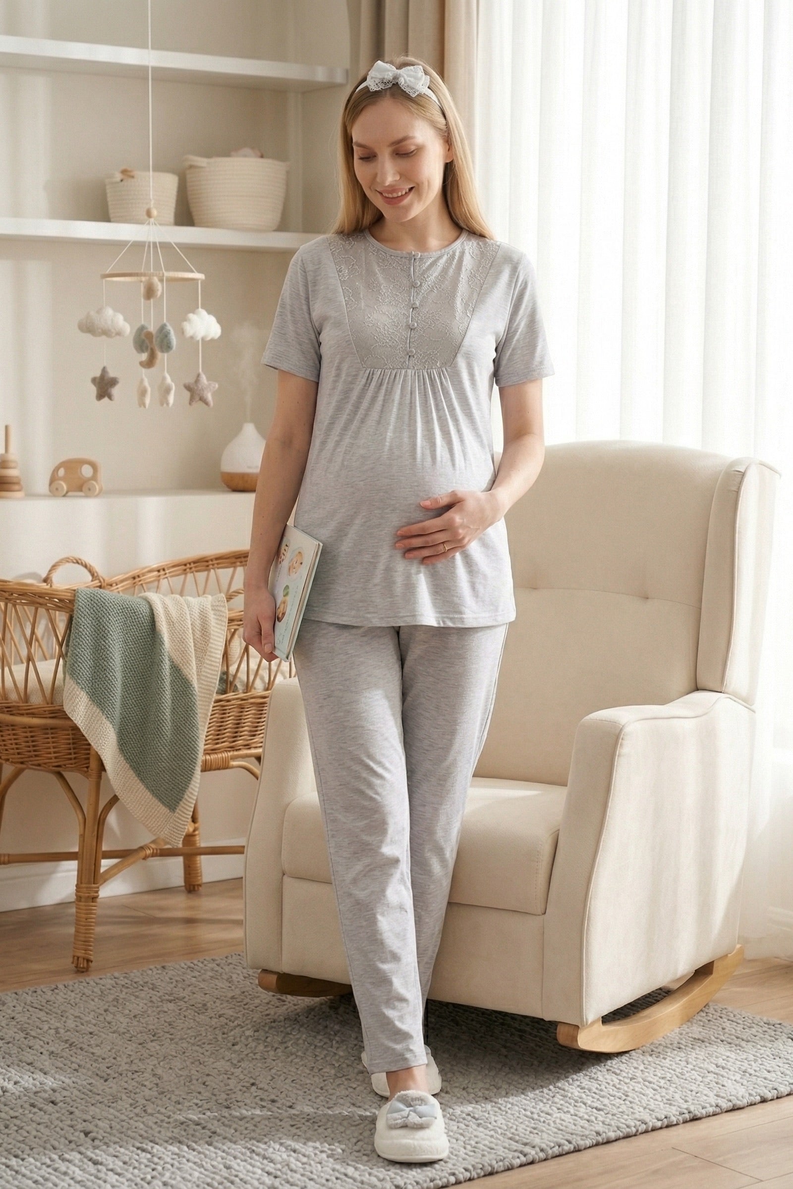 Lace Detailed 3-Piece Maternity-Nursing Pajama & Floral Patterned Robe Set Grey - 3470
