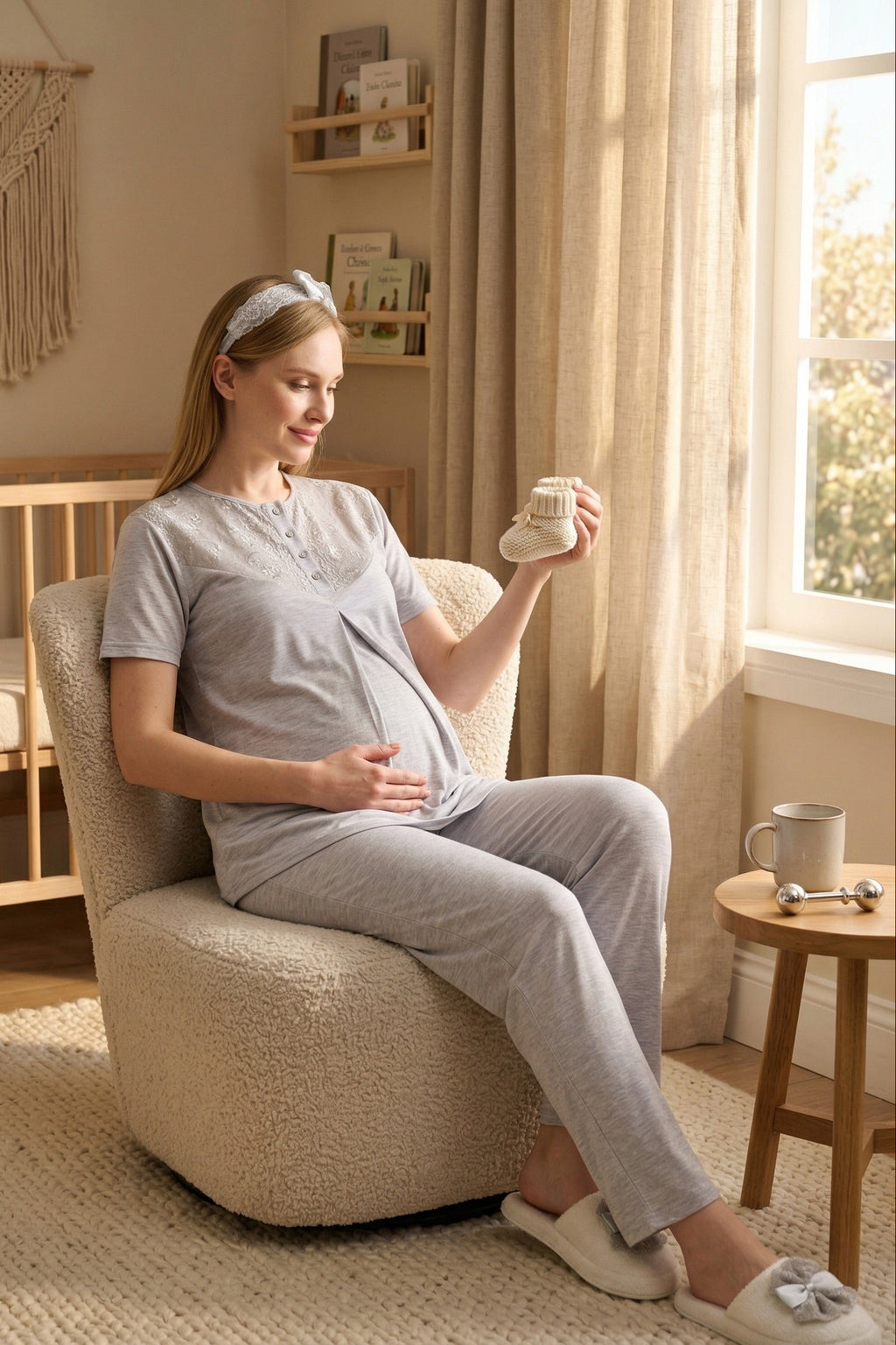 Lace Collar 3-Piece Maternity Feeding-Friendly Pajama & Flower Patterned Robe Set Grey - Z3471
