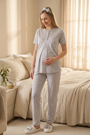 Lace Collar 3-Piece Maternity-Nursing Pajama & Flower Patterned Robe Set Grey - 3471