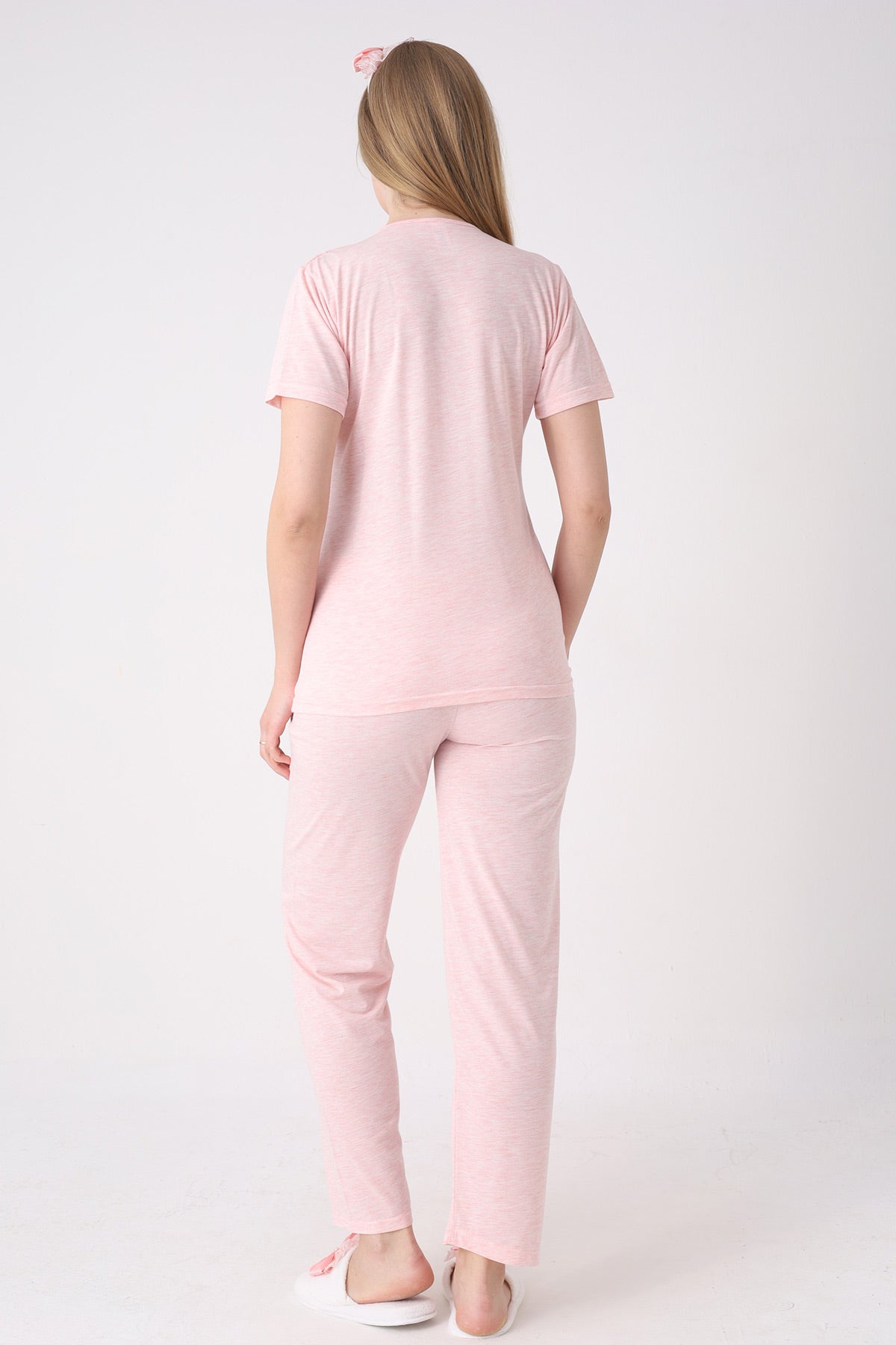 Lace Collar 3-Piece Maternity-Nursing Pajama & Flower Patterned Robe Set Salmon - 3471