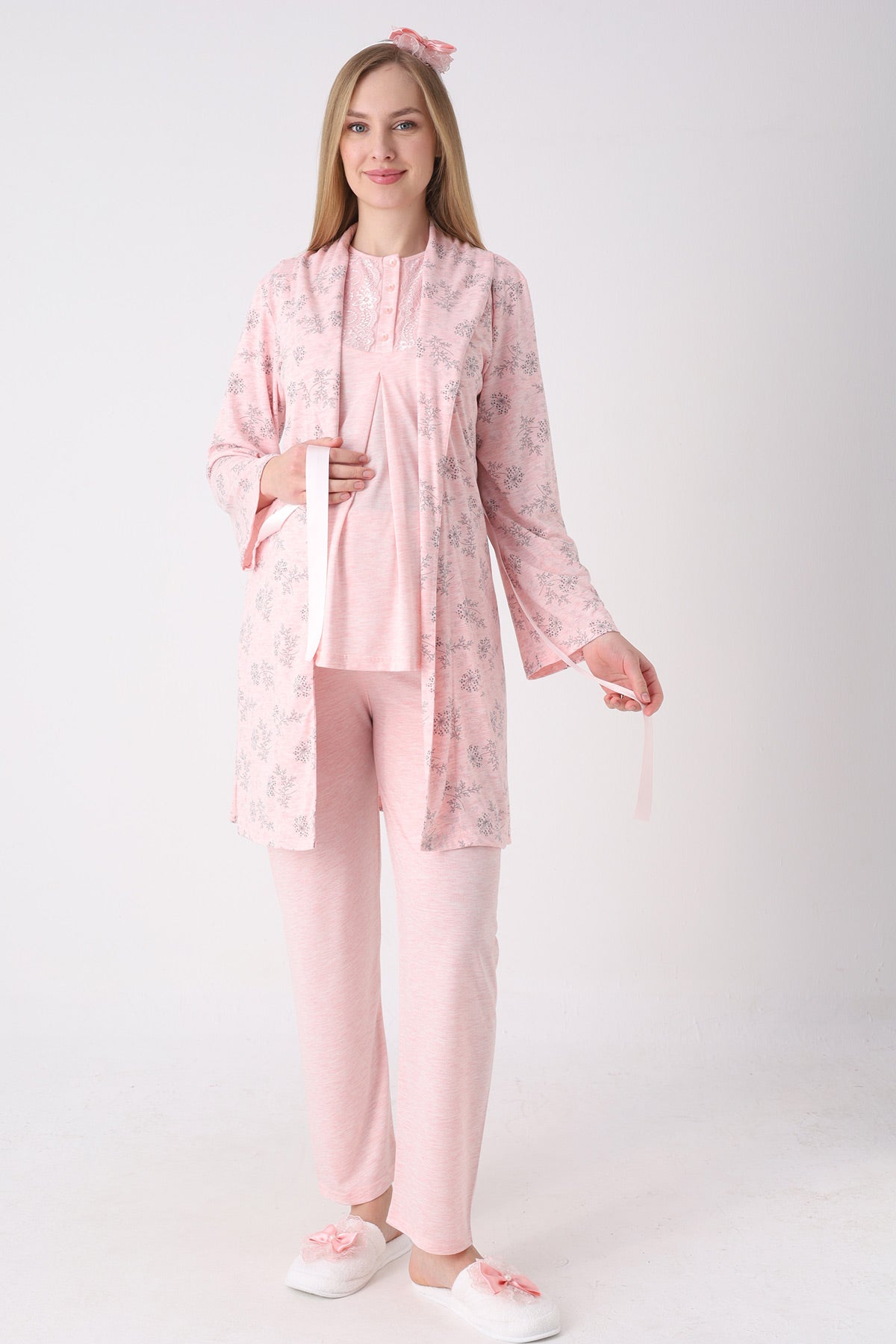 Lace Collar 3-Piece Maternity-Nursing Pajama & Flower Patterned Robe Set Salmon - 3471