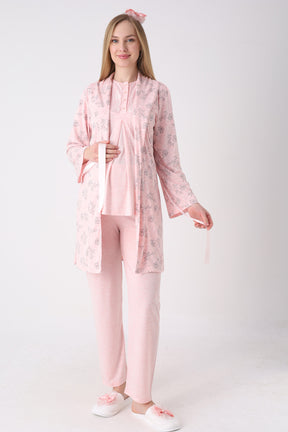 Lace Collar 3-Piece Maternity-Nursing Pajama & Flower Patterned Robe Set Salmon - 3471