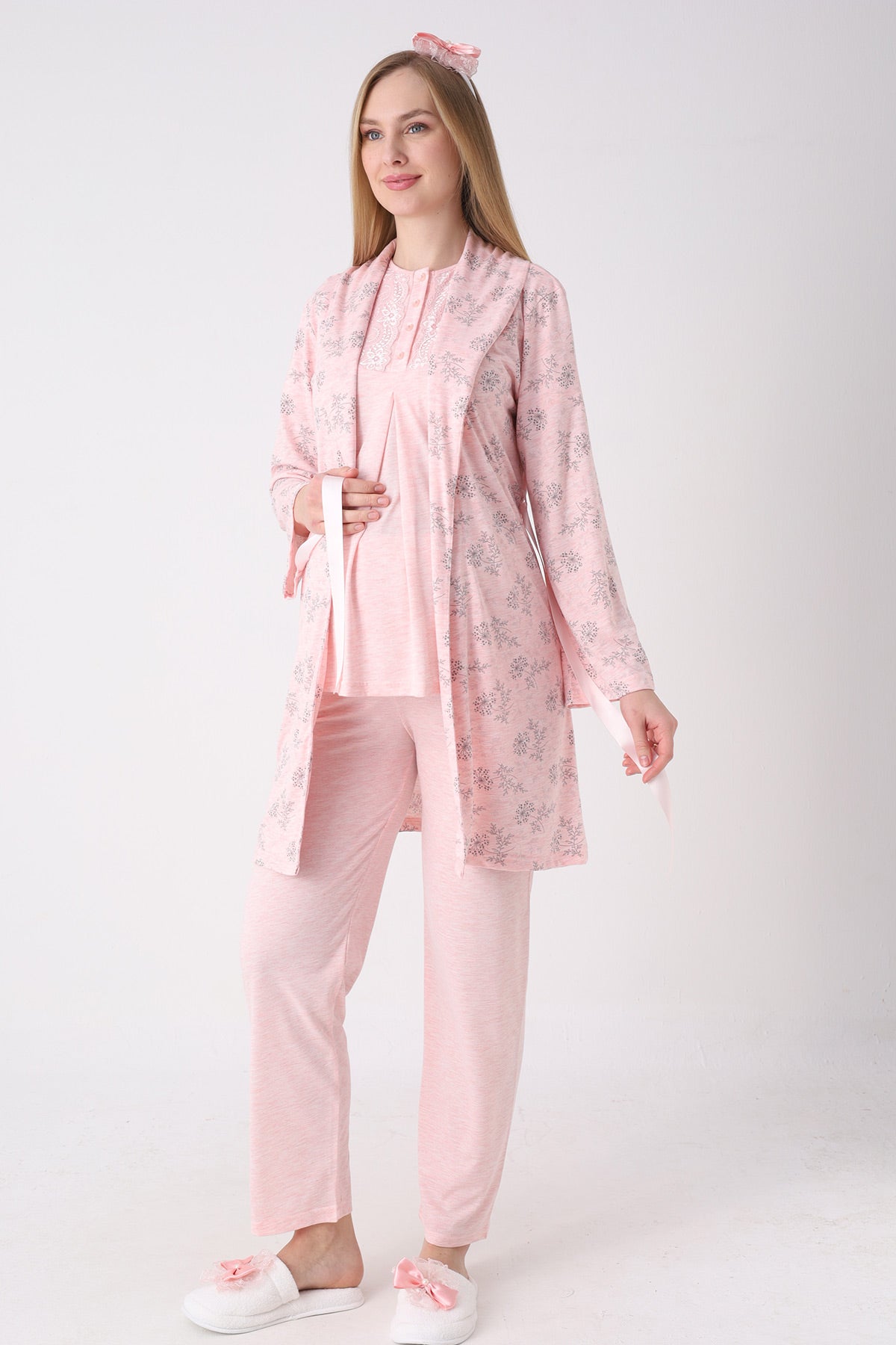 Lace Collar 3-Piece Maternity-Nursing Pajama & Flower Patterned Robe Set Salmon - 3471