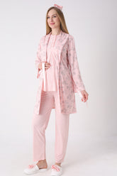 Lace Collar 3-Piece Maternity-Nursing Pajama & Flower Patterned Robe Set Salmon - 3471