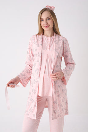 Lace Collar 3-Piece Maternity-Nursing Pajama & Flower Patterned Robe Set Salmon - 3471