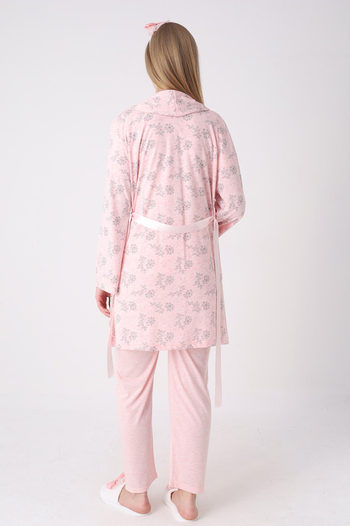 Lace Collar 3-Piece Maternity-Nursing Pajama & Flower Patterned Robe Set Salmon - 3471