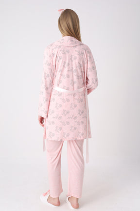 Lace Collar 3-Piece Maternity-Nursing Pajama & Flower Patterned Robe Set Salmon - 3471
