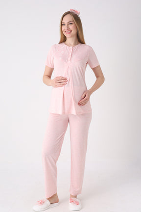 Lace Collar 3-Piece Maternity-Nursing Pajama & Flower Patterned Robe Set Salmon - 3471