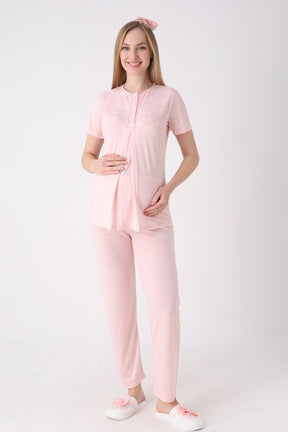 Lace Collar 3-Piece Maternity-Nursing Pajama & Flower Patterned Robe Set Salmon - 3471