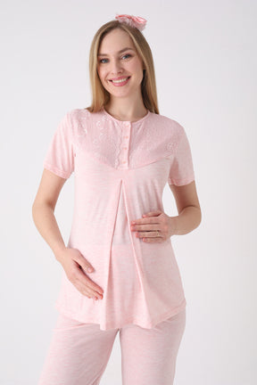 Lace Collar 3-Piece Maternity-Nursing Pajama & Flower Patterned Robe Set Salmon - 3471