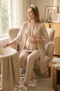 Elegant Lace Detailed 3-Piece Maternity-Nursing Pajama & Jacquard Robe Set Mink - 3472