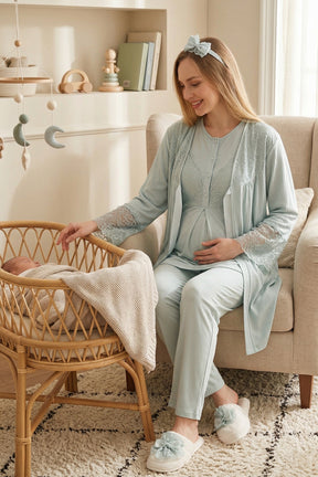 Elegant Lace Detailed 3-Piece Maternity-Nursing Pajama & Jacquard Robe Set Mint - 3472