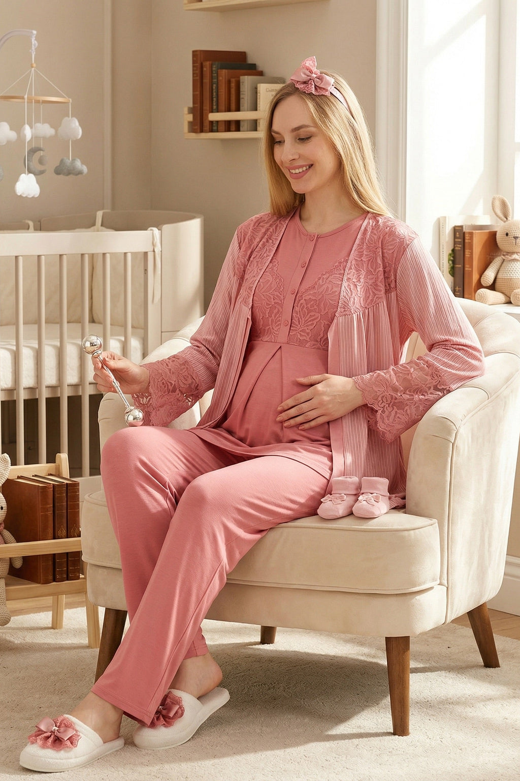Elegant Lace Detailed 3-Piece Maternity-Nursing Pajama & Jacquard Robe Set Pomegranate Red - 3472