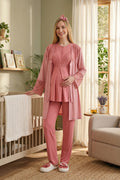 Elegant Lace Detailed 3-Piece Maternity-Nursing Pajama & Jacquard Robe Set Pomegranate Red - 3472