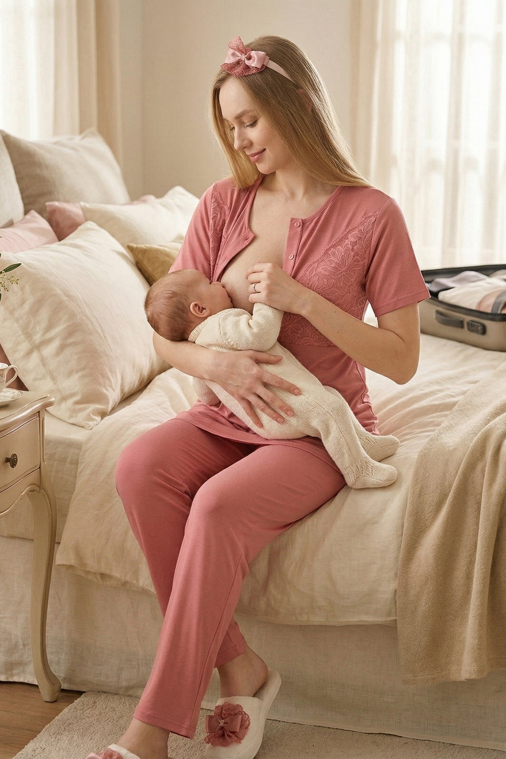Elegant Lace Detailed 3-Piece Maternity-Nursing Pajama & Jacquard Robe Set Pomegranate Red - 3472